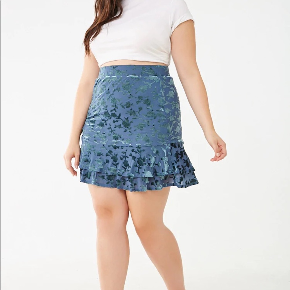 Blue Floral Velvet Skirt